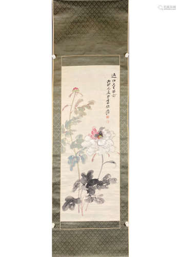CHINESE INK PAINTING, FLOWER ON PAPER VERTICAL SCROLL BY ZHA...