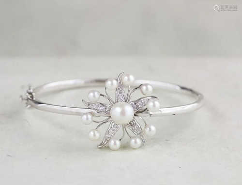 Pearl & Diamond Starburst Bangle, Platinum & 18k