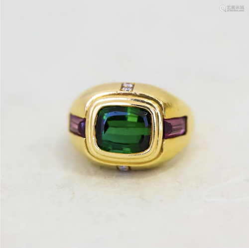 Vintage Tourmaline Dome Ring with Diamonds, 18k