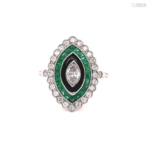 Platinum Diamond Emerald Enamel Marquise Shaped Ring