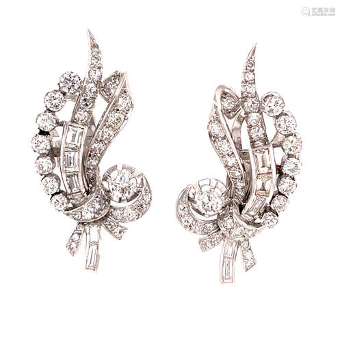 Art Deco Platinum Diamod Leaf Motif Earrings 