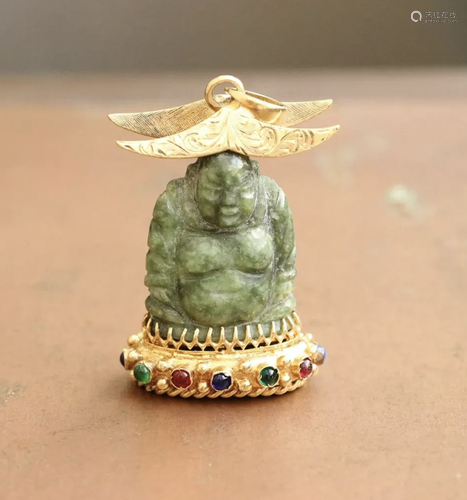 Vintage Carved Jade Buddha Charm with Ruby, Sapphire & Emera...