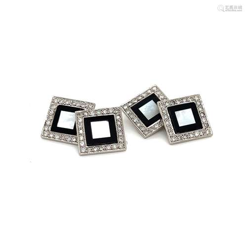 Art Deco Platinum Onyx Mother of Pearl Diamond Cufflinks