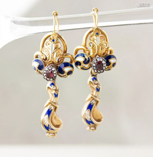 Victorian Garnet, Pearl & Enamel Repousse Earrings, 14k