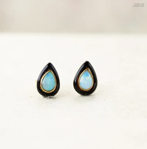 Pearshape Opal & Black Glass Studs, 14k