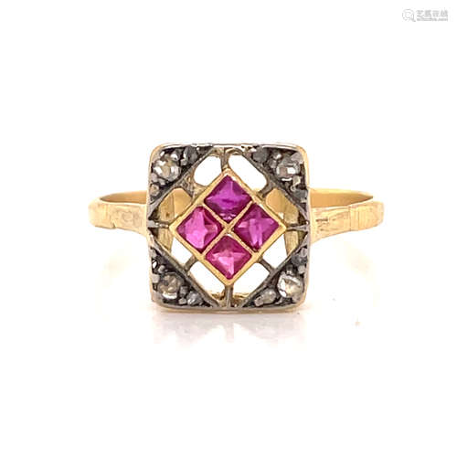 Art Deco 18k Rubi Diamond Ring 