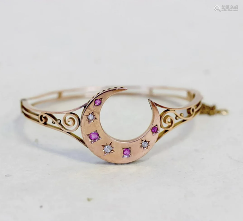 Victorian Crescent Bangle with Rubies & Diamonds, 10k