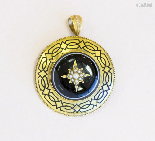 Victorian Star Pin with Banded Agate, Pearls & Black Enamel,...