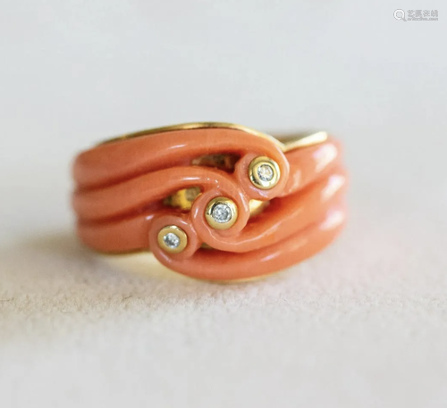 Carved Coral & Diamond Ring, 18k