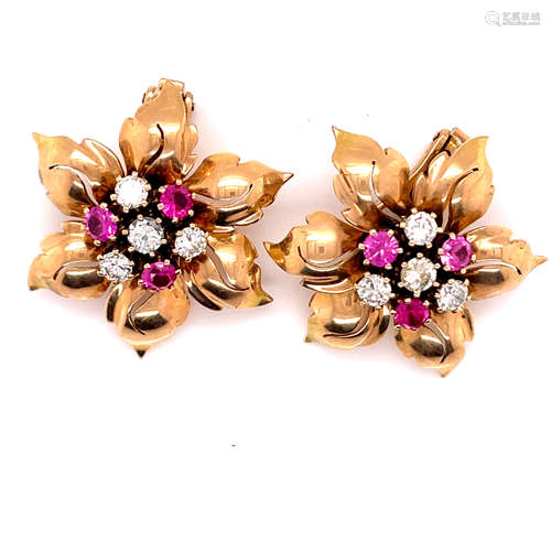 Retro 18k Diamond Ruby Flower Earring 