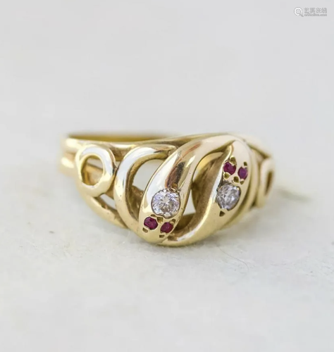 Vintage Double Snake Ring with Diamonds, 14k