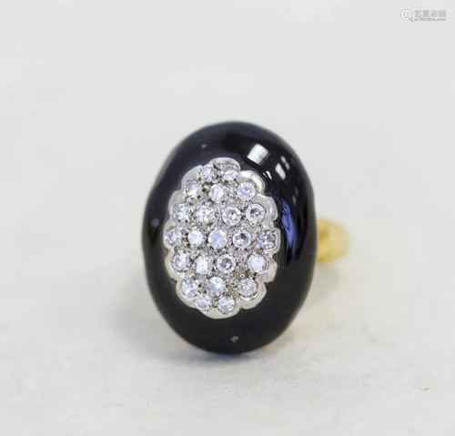 Vintage Pave Diamond & Black Enamel Dome Ring, 18k