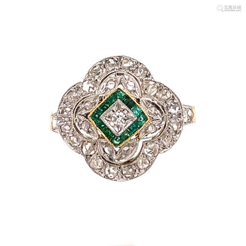 Platinum 18k Art Deco Diamond Emerald Ring