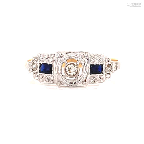 Art Deco 18k Diamond Sapphire Ring 