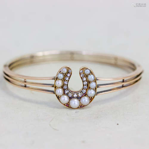 14k Victorian Horseshoe Bangle with Pearls & Diamonds