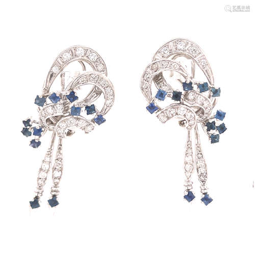 Art Deco Platinum Diamond Sapphire Earring 