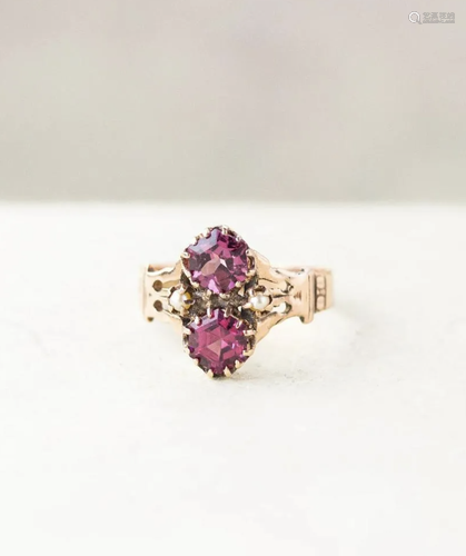 Victorian Pink Tourmaline Toi-et-Moi Ring with Pearls, 14k