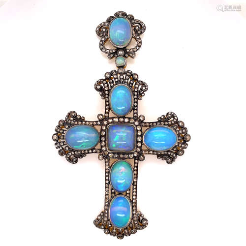 Silver and Gold Opal Diamond Cross Pendant