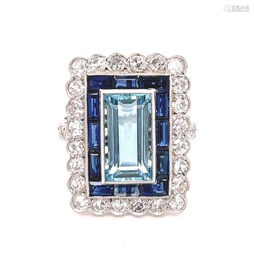 Platinum Aqua Sapphire Diamond Ring