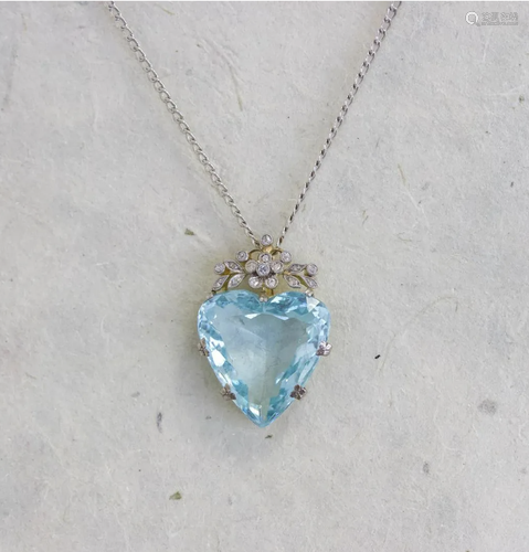 Edwardian Aquamarine & Diamond Heartshape Pendant, Platinum ...