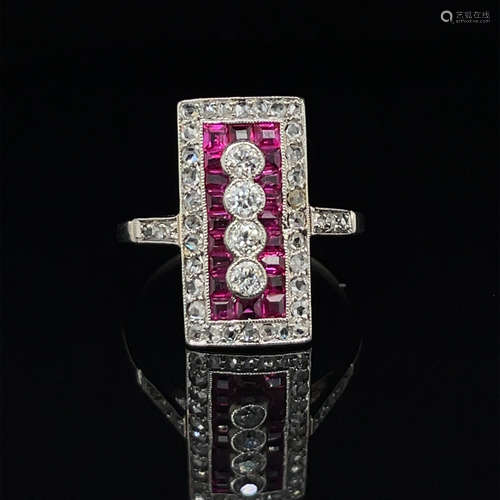 French Art Deco Platinum Burma Ruby Diamond Ring