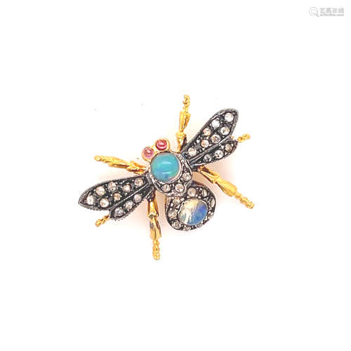 Silver and Gold Opal Diamond  Bug Brooch 