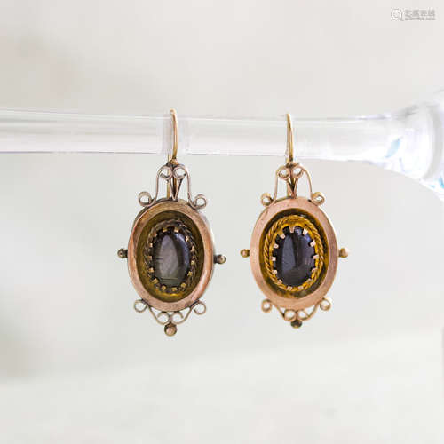 Victorian Black Star Sapphire Earrings, 14k