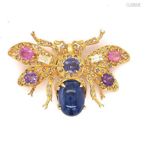 Silver & Gold Multi Gem Articulated Bug Brooch