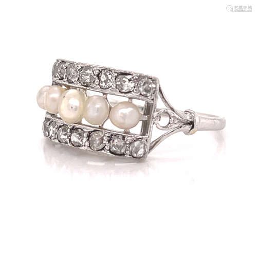 Edwardian 14k Diamond Pearl Ring 