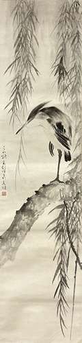 高剑僧 柳树单鹭 立轴 日本回流 纸本