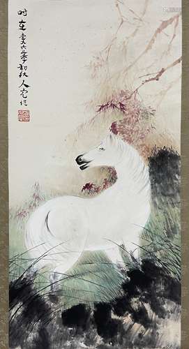 方人定 白马 立轴 日本回流 纸本