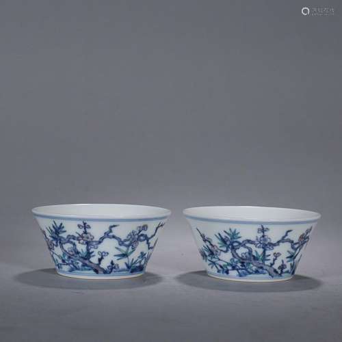 TWO CHINESE DOUCAI CUPS DEPICTING 'THREE FRIENDS OF WIN...