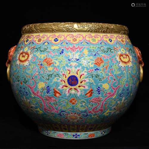 CHINESE GILDED ON PAINTED-ENAMEL CROCK DEPICTING 'FLORA...