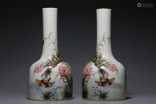 TWO CHINESE PAINTED-ENAMEL HANDBELL-FORM ZUN VASE DEPICTING ...
