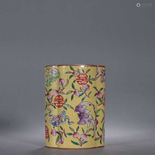 CHINESE YELLOW-GROUND FAMILLE-ROSE BRUSHPOT DEPICTING '...