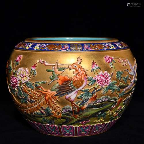 CHINESE GOLD-GLAZED FAMILLE-ROSE BRUSH WASHER WITH EMBOSSED ...