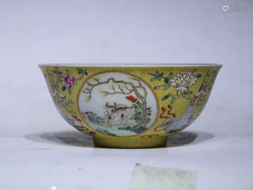CHINESE YELLOW-GROUND FAMILLE-ROSE AND BLUE-AND-WHITE BOWL D...