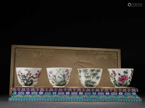 FOUR CHINESE FAMILLE-ROSE CUPS DEPICTING 'FOUR GENTLEME...