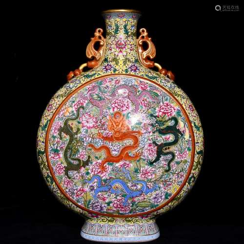CHINESE GILDED ON FAMILLE-ROSE MOON FLASK VASE DEPICTING &#x...