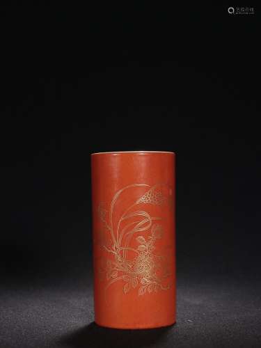 CHINESE GILDED ON CORAL-GLAZED BRUSHPOT DEPICTING 'FLOR...