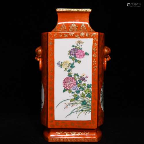 CHINESE GILDED ON CORAL-GLAZED FAMILLE-ROSE VASE DEPICTING &...