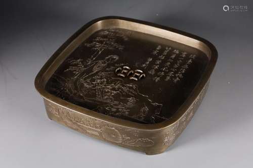 CHINESE INSCRIBED TIN TRAY WTH INCISED 'FIGURE STORY&#x...