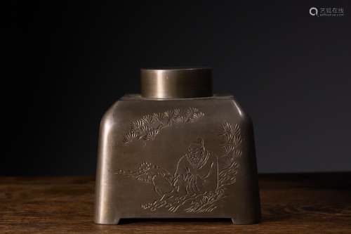 CHINESE INSCRIBED TIN JAR DEPICTING 'FIGURE IN A LANDSC...