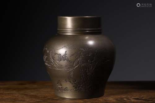 CHINESE INSCRIBED TIN JAR DEPICTING 'LANDSCAPE' AN...