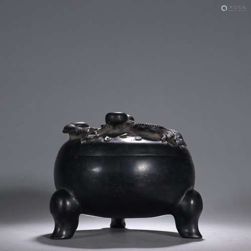 CHINESE DUAN COVERED INKSTONE WITH CARVED 'DRAGON PURSU...