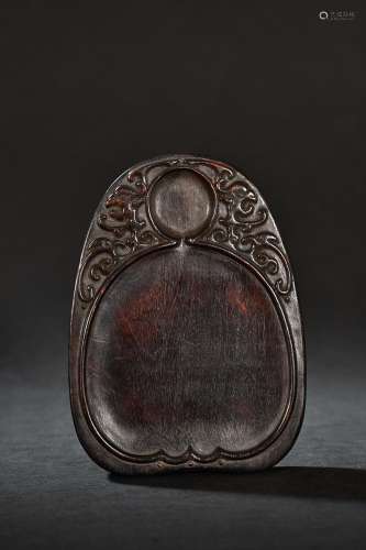 CHINESE SANDALWOOD INKSTONE WITH CARVED 'DRAGON'