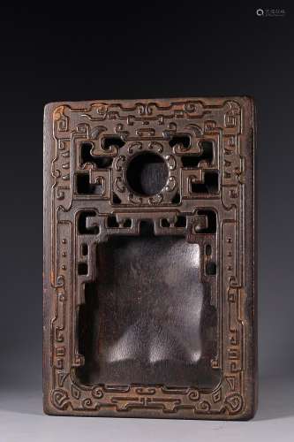 CHINESE SANDALWOOD INKSTONE WITH CARVED 'CHI-DRAGON...