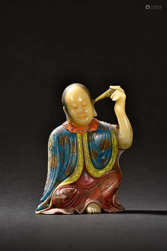 CHINESE FURONG STONE PIGMENTS FIGURE OF ARHAT