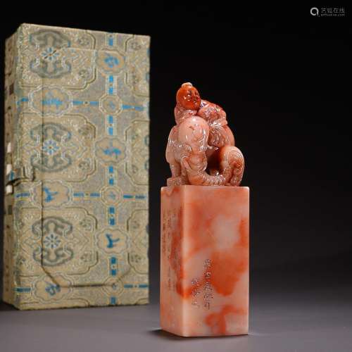 CHINESE SHOUSHAN FURONG STONE SEAL WITH 'BOY AND ELEPHA...