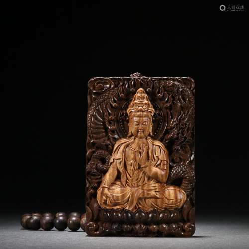 CHINESE AGARWOOD PLAQUE WITH CARVED 'GUANYIN'